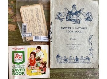 Antique Mother's Favorite Cookbook Rome N. Y. With 1945 Food War Ration Cards And S&H Food Stamps Book