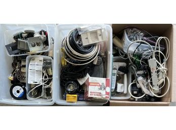 (3) Boxes Of Assorted Cables, Wiring, Power Strips, Adapters, And Electronics