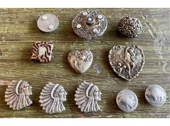 Lot Of Vintage Button Covers - Buffalo Head Nickels, Victorian Hearts, Coin, And More
