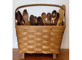 Baskerville Putney Vermont Wood Footed Handled Basket W Primitive Kitchen Utensils