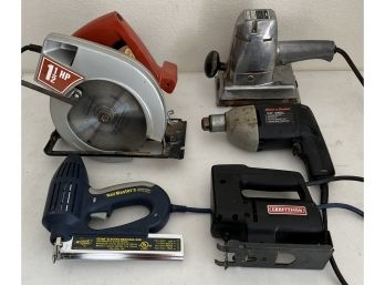 Corded Tool Lot - Electric Brad Gun, 7-14'  - Circular Saw, Craftsman Jig Saw And Sander, 38' Drill (as Is)