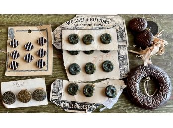 Collection Of Antique Buttons - Wessel's Buttons, Finck Detroit Special Metal, Wood Carved Buckle