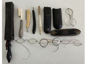 Antique Barber And Glasses Lot With Cases - J.h. Mason Optician, Ringel Razor Strop, G.F, And More