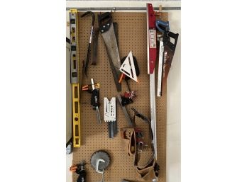 Assorted Tool Lot - C-clamps, Levels, Prybars, Saws, T-squares, & More