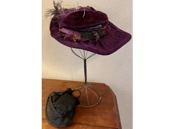 (2) Antique Victorian Hats - Purple Velvet And Black Evening Hat (as Is)