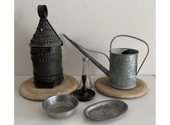 (2) Antique Wooden Crock Lids With Pierced Candle Holder, Tin Watering Can, Pewter Bowl, And More