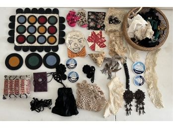 Antique Lace And Linen Lot - Metal Beaded, Satin, Embroidery, Hand Made Coin Purses, And More