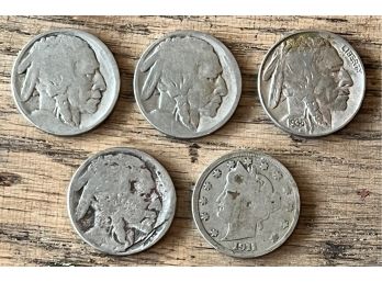 (4) Buffalo Head Nickels - (1) 1935 Liberty Nickel