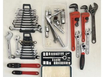 Wrench Lot - Socket Set, 10' & 14' Craftsman Pipe Wrenches, Adjustable, & More