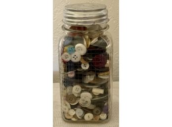 Vintage Jar Filled With Assorted Plastic, Acrylic, Metal, Casean, Flat Hole, Self Shank, Buttons And More