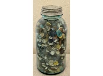 Large Antique Ball Jar Filled With Vintage Buttons - Acrylic, Celluloid, Bakelite, And More