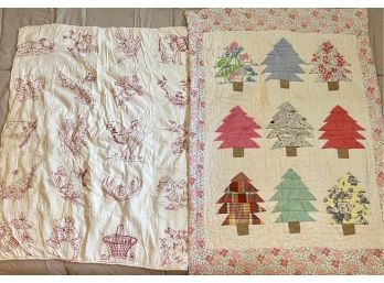 2 Vintage Handmade Baby Quilts Trees And Hand Embroidered Animals (as Is)
