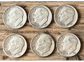 (6) Roosevelt Silver Dimes - 1953, 1954, 1956, And (3) 1958