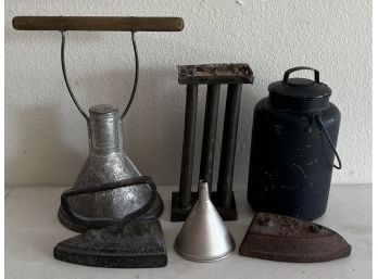 Antique  Primitive Metal Lot - Foster Washer, Candle Mold, Sad Irons, Lidded Jug, And Funnel