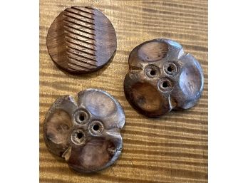 (3) Vintage Hand Carved Wood Buttons Flowers And More 1.5' Wide