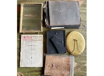 Antique Photograph Lot Including Frames, Brass, Wood, And Mountain Psyche Comedy Drama In 4 Parts