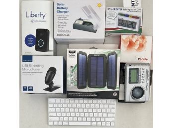 Assorted Electronics Lot - Insignia USB Mic, Mac A1644 Keyboard, Solar Battery Charger And Restore PX6000