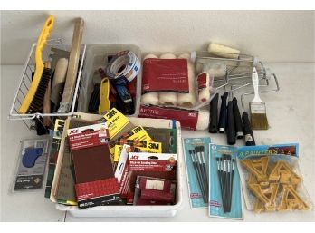Painters Lot - Rollers, Brushes, Assorted Grit Sand Paper, Wire Brushes, & More
