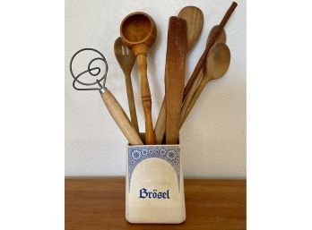Villeroy & Boch Brosel With Assorted Primitive Hand Carved Wood Utensils Spoons Whisk Slotted And More