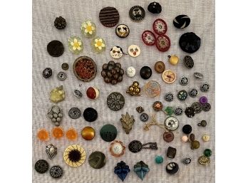 Assorted Lot Of Buttons - Chinese Porcelain, Metal, Molded Celluloid, Glass, Material, And More