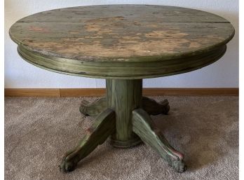 Early 1900's Shabby Chic Claw Foot Dinning Table With Pedestal Base On Casters