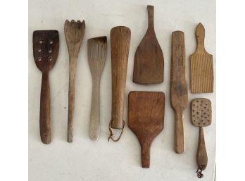 Lot Of Antique Primitive Wooden Utensils - Mostly Spatulas With (1) Kroger Company