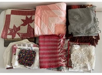 Lot Of Vintage And Antique Linens - Quilt, Lace, Woven Placemats, And More