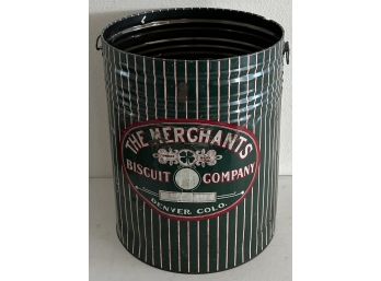 Antique 20 Inch The Merchants Biscuit Company Denver, Colorado Tin Bin