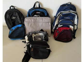 Pack Lot - North Face Fanny Pack, Orvak Laptop Case, Columbia, Eagle Creek, Compass, And Alpine