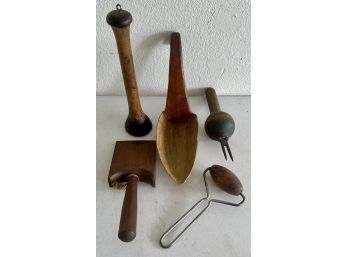 Antique Primitive Tool Lot Including Carving Fork, Squasher, Roller, Goldblatt Masonry, And Scoop