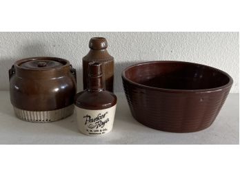 Vintage And Antique Pottery Lot - Green & Ledicott Ginger Beer Jug, Parker Rye Jug, And JC Stoneware Bowl