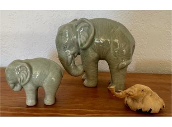Vintage Thailand Ceramic Signed Elephants - Wood Knot Hand Carved Face