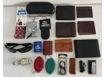 Lot Of Assorted Wallets, Magnetic Money Clips, Reading Glasses, And More