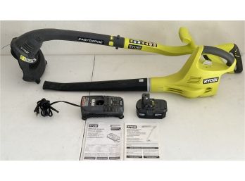 Ryobi 18v P2003 Cordless String Trimmer And P2102 Blower With (1) Battery And Charging Station