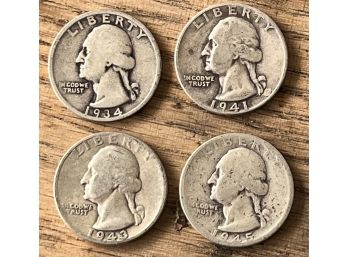 (4) Washington Head Silver Quarters - 1934, 1941, 1943, 1945
