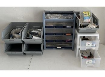 Assorted Plastic Organizers With Contents Primarily Hardware - Screws, Brackets, Twine, & More