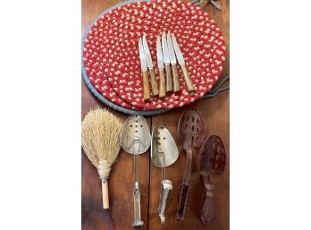Eclectic Lot - Shoe Stretchers, Hand Made Hand Broom, Braided Seat Cushions, (6) Steak Knives