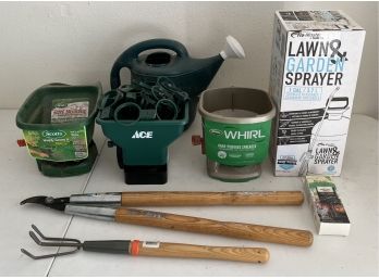 Garden Lot Including (3) Hand Spreaders, 1 Gallon Sprayer, Watering Can, Stakes, & More