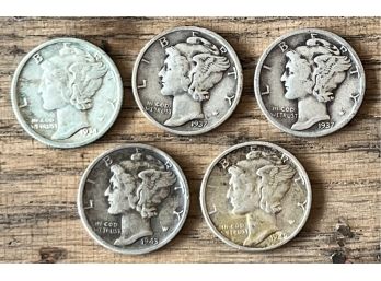 (5) Mercury Silver Dimes - 1934, (2) 1937, 1943, 1945