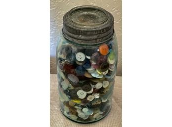 Whitney Mason Jar Filled With Assorted Buttons - Most Flat Hole, Plastic, Mother Of Pearl, And More
