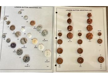 2 Cards With London Button Industries Sample Buttons Leather Covered & Multi Color Plastic