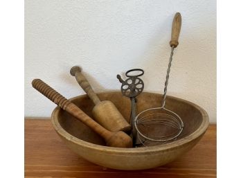 Antique Wood Hand Carved Mixing Bowl - Primitive Metal Hand Mixer USA - Strainer And More