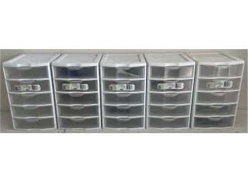 (5) Small Sterilite Clear View 5-drawer Plastic Organizers With Contents - Bits, Blades, Assorted Hardware