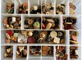 Box Of Assorted Mainly Wood Buttons - Painted, Carved, Figural, Celluloid, Plastic, And More