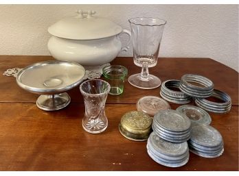 Antique Lot - Pewter Compote, White Ironstone Chamber Pot, Ball Jar Lids, And More