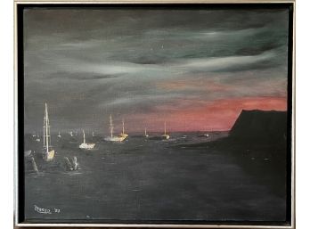 Margo Framed 1983 Oil Painting Harbor Boats