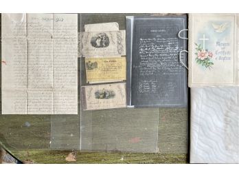 1840's - 1880's Ephemera Lot Including 1849 Letter, Certificate Of Marriage And Baptism, And More