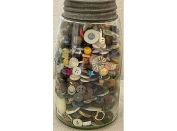 Ball Mason Jar Filled With Assorted Miniature And Regular Buttons - Plastic, Celluloid, And More