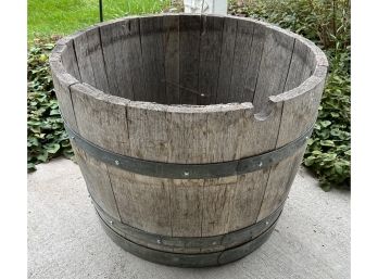Antique 27 X 18.5 Inch Wooden Barrel Planter With Metal Trim