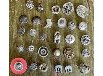 Collection Of Antique And Vintage Metal Buttons - Victorian, Figural, Tight Top, Pressed, Silver Plate, More